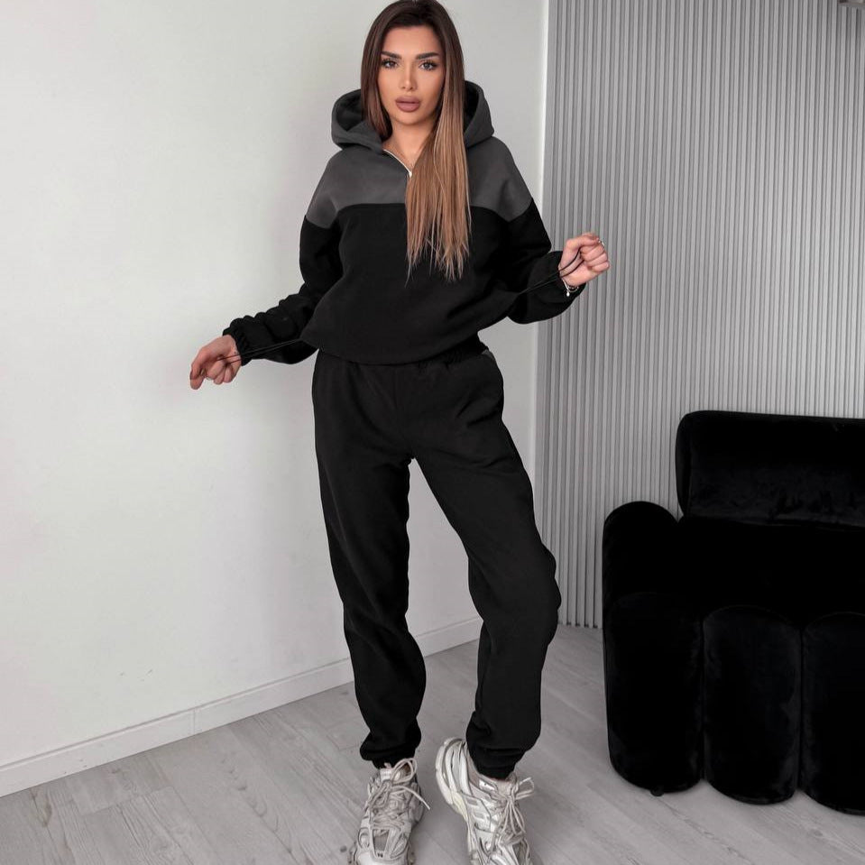 Damen Zweiteiliges Farbblock-Loungewear-Set mit halbem Reißverschluss und schmaler Jogginghose Drune