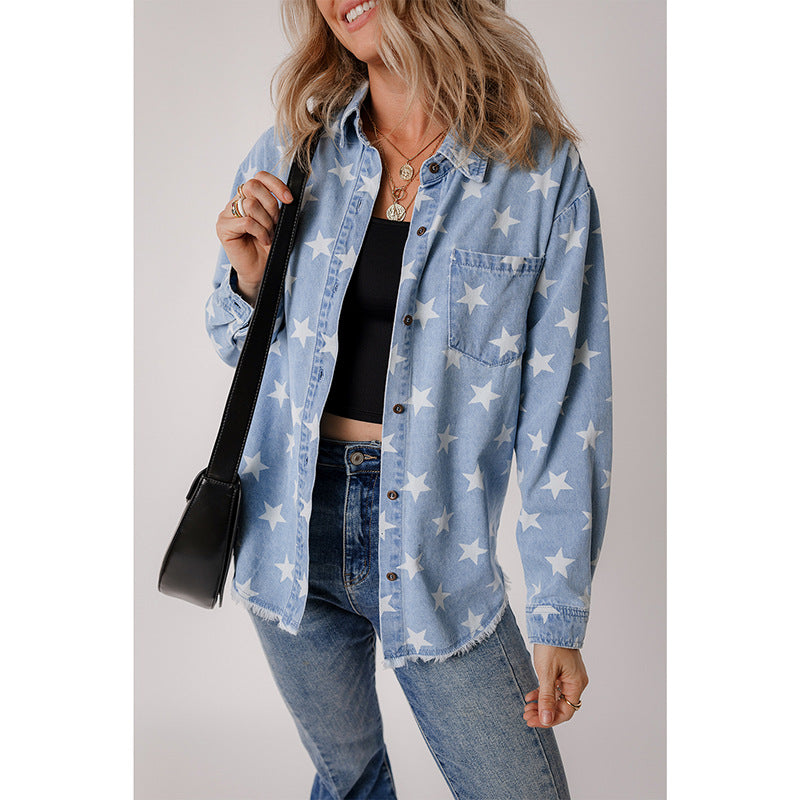 Damen Jeanshemd mit Sternen-Muster und praktischer Brusttasche Drune