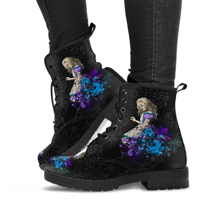Damen nan modische knöchelhohe Schnür-Bikerboots mit auffälligem Totenkopf-Rosen-Print und robuster Profilsohle Drune