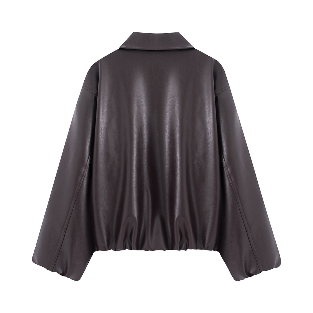 Damen nan kastiger Oversized Kunstlederblouson mit Hemdkragen, verdecktem Reißverschluss, verdeckten Leisten- taschen und elastischem Saum Drune