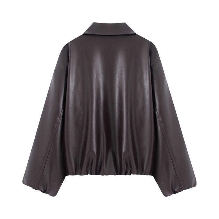Damen nan kastiger Oversized Kunstlederblouson mit Hemdkragen, verdecktem Reißverschluss, verdeckten Leisten- taschen und elastischem Saum Drune