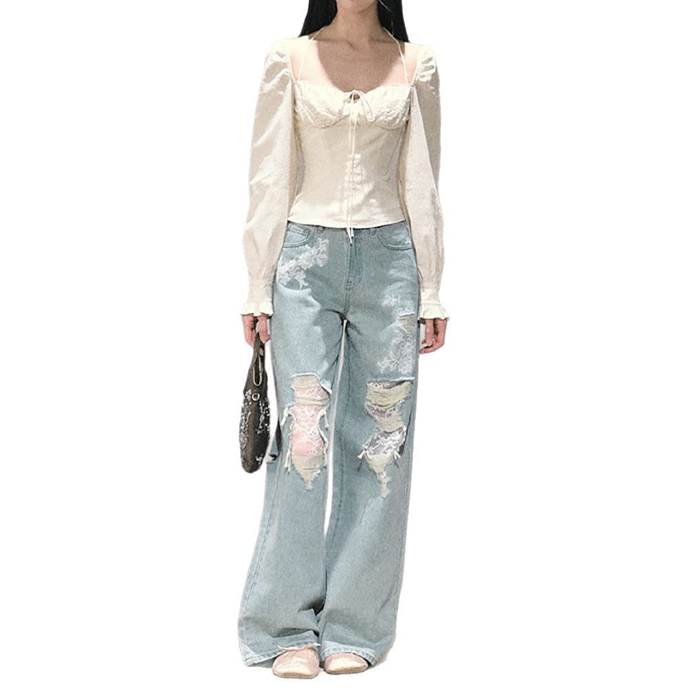 Damen Weit geschnittene Jeans mit individuellen Destroyed-Details und floralem Print Drune