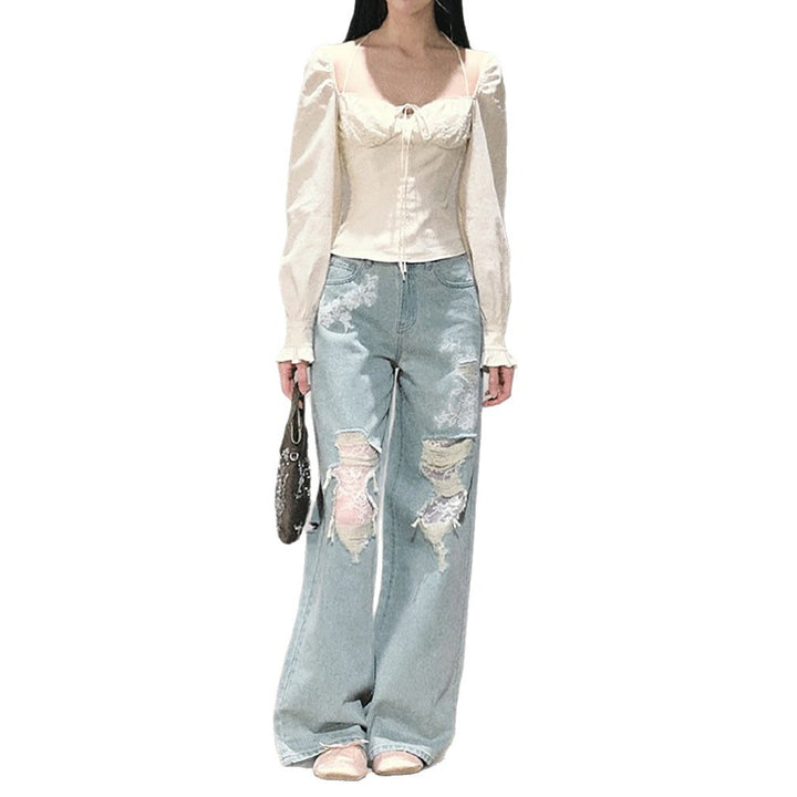 Damen Weit geschnittene Jeans mit individuellen Destroyed-Details und floralem Print Drune