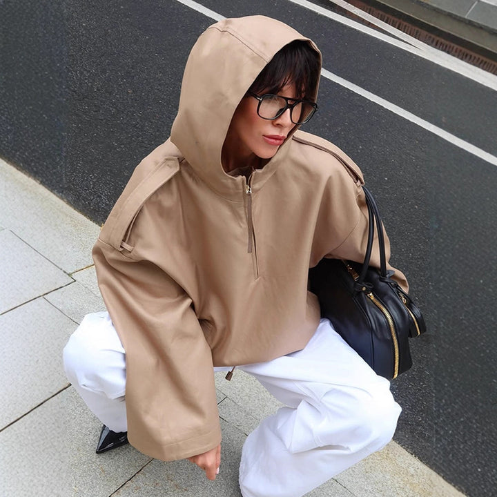 Damen Oversize Kapuzen-Pulloverjacke mit halbem Reißverschluss und Schulterpasse Drune