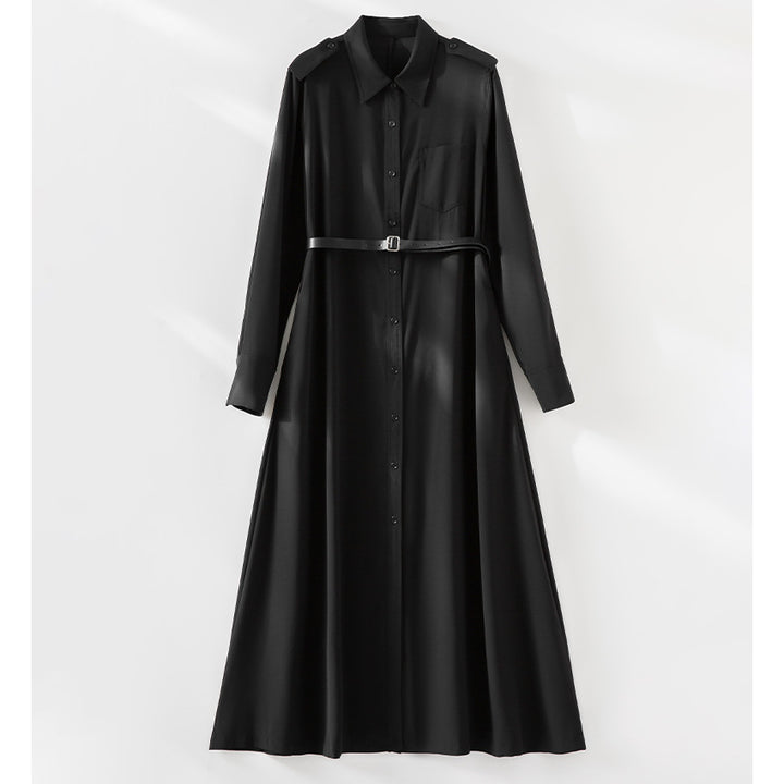 Damen Langes Hemdblusenkleid mit Taillengürtel, Schulterklappen und durchgehender Knopfleiste Drune