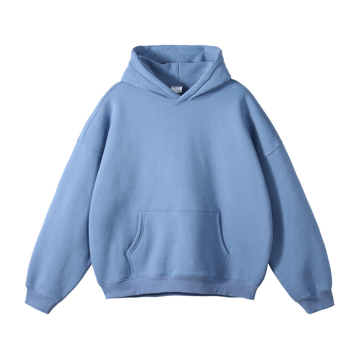 Unisex weit geschnittener Kapuzenpullover mit tiefer Schulterpartie, Kängurutasche und gerippten Bündchen Drune