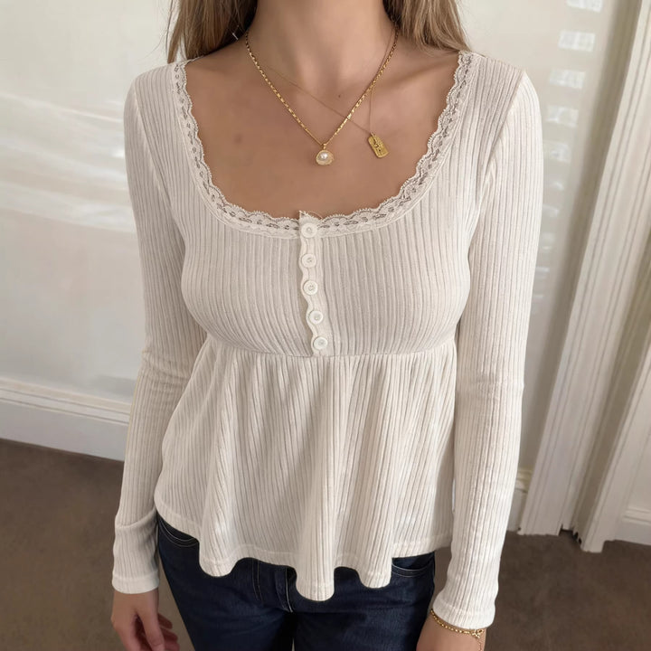 Damen Langärmeliges Babydoll-Top aus Rippjersey mit U-Boot-Ausschnitt und Knopfleiste Drune