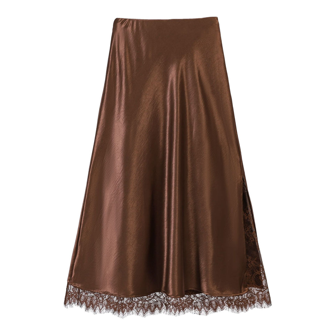 Damen nan ausgestellter Satin-Midirock mit feiner Spitzenunterlage und nahtlosem Taillenbund Drune