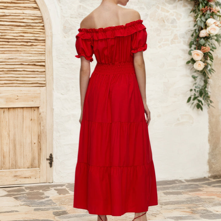 Damen Off-Shoulder Maxikleid mit elastischem Taillenbund und Rüschendetails Drune