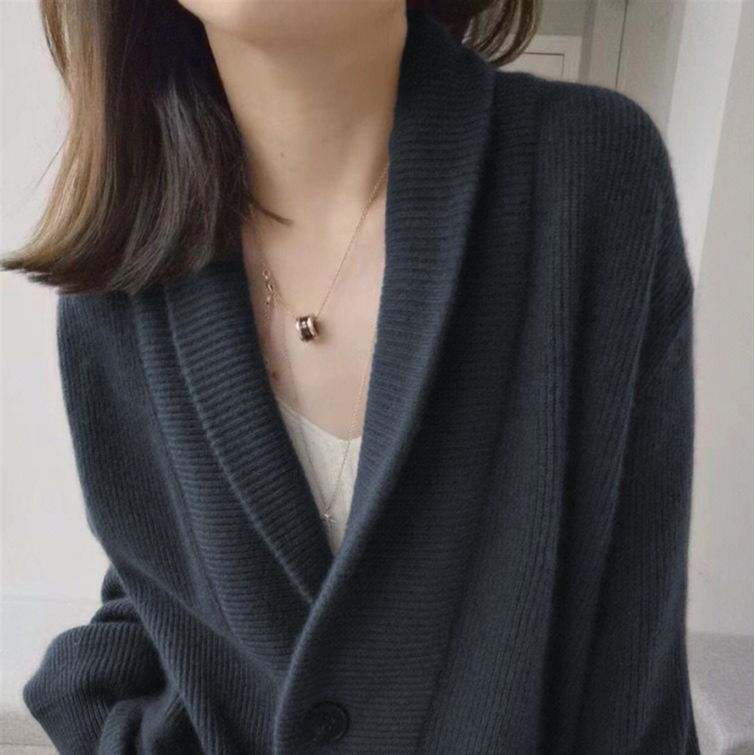 Damen Gemütlicher Strickcardigan mit breitem Revers und Taschen Drune