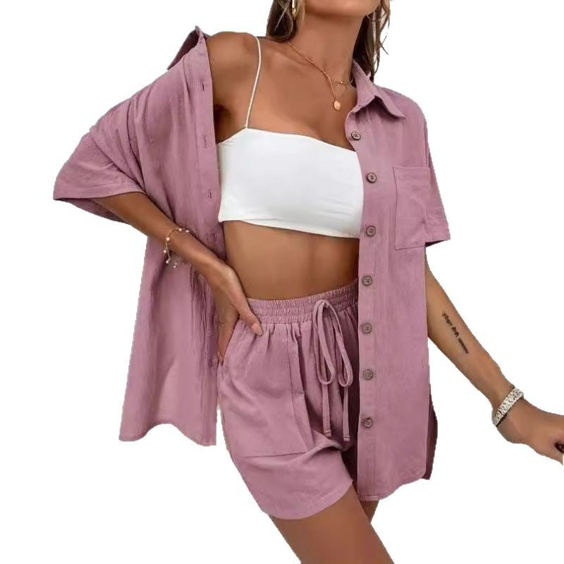 Damen luftiges Zweiteiliges Set mit Hemdbluse und Shorts Drune