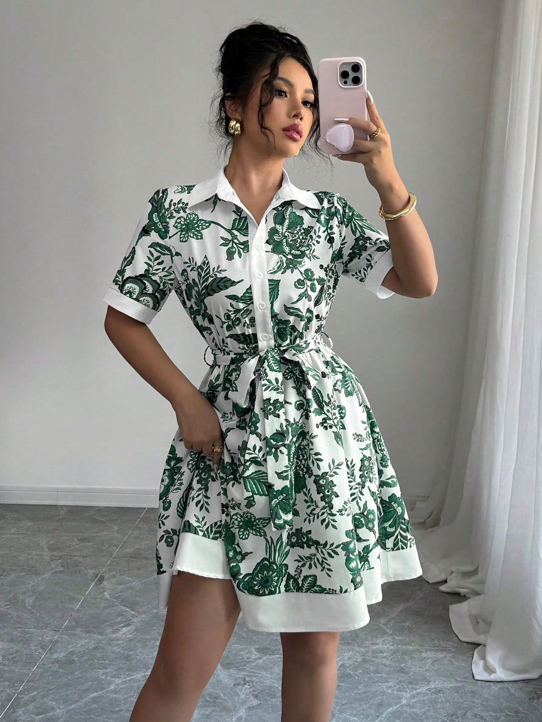 Damen Hemdblusenkleid mit floralem Muster und Taillengürtel Drune