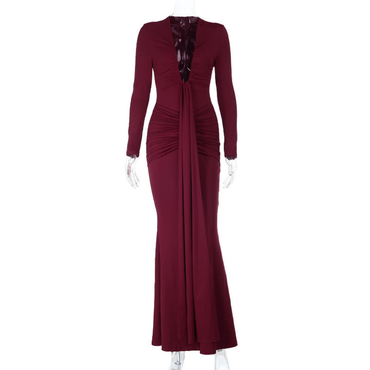 Damen langes Wickelkleid mit raffinierten Drapierungen und elegantem V-Ausschnitt Drune