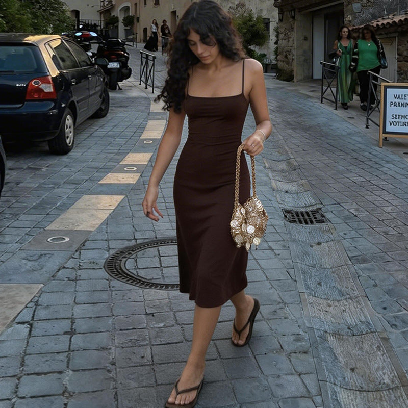 Damen Elegantes Maxikleid mit Spaghettiträgern und figurbetontem Schnitt Drune