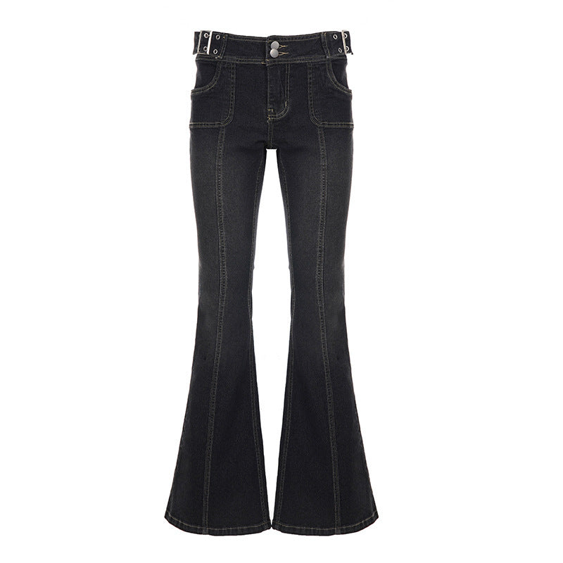 Damen Hochgeschnittene Flared-Jeans mit Mittelnaht und Ziergürtelschlaufen Drune