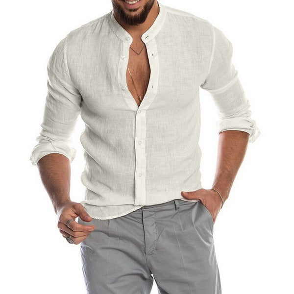 Herren nan Leinenhemd mit Stehkragen, durchgehender Knopfleiste und legerer Slim-Fit-Passform Drune
