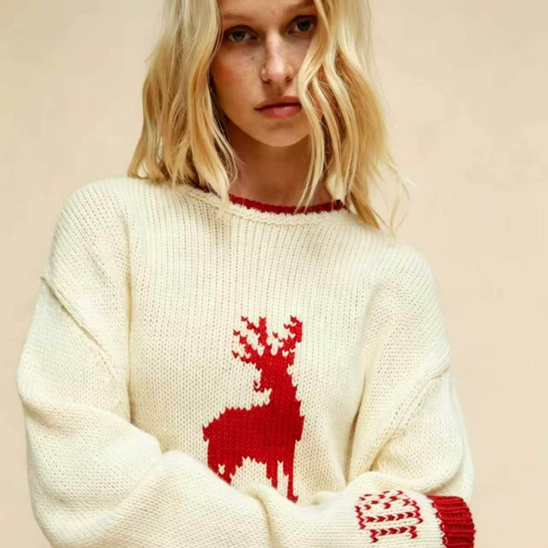 Damen Oversize Strickpullover mit Hirschintarsie, Rundhalsausschnitt und Norwegerbündchen Drune
