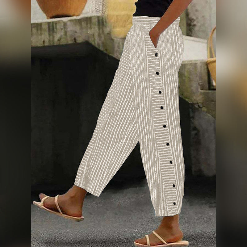 Damenweite Culotte-Hosen mit Paperbag-Taille, Knopfleiste und Seitentaschen Drune