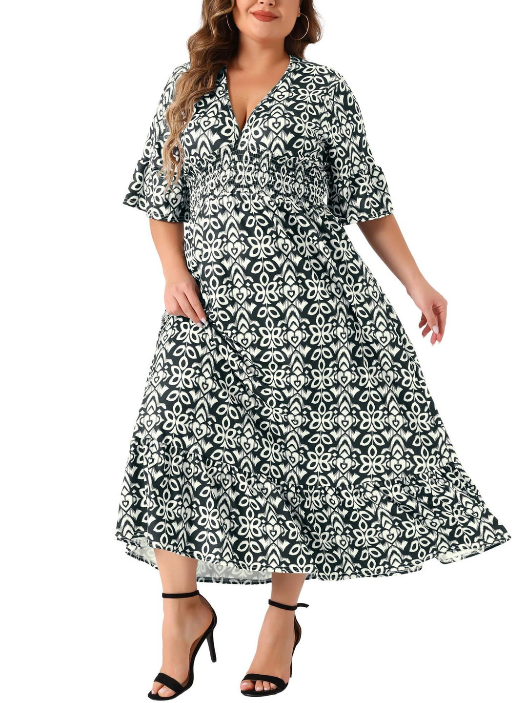 Damen Midikleid in A‑Linie mit grafischem Allover‑Print, geraffter Taillenpartie und Volantstufen Drune