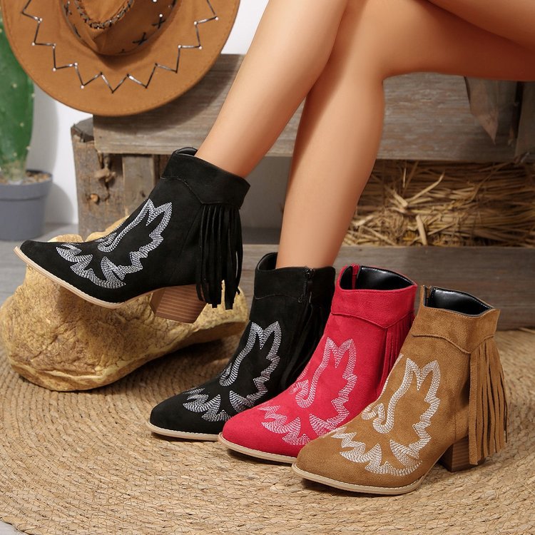 Damen Modische Ankle-Stiefel mit fransigem Detail und stilvollem Musterdruck Drune