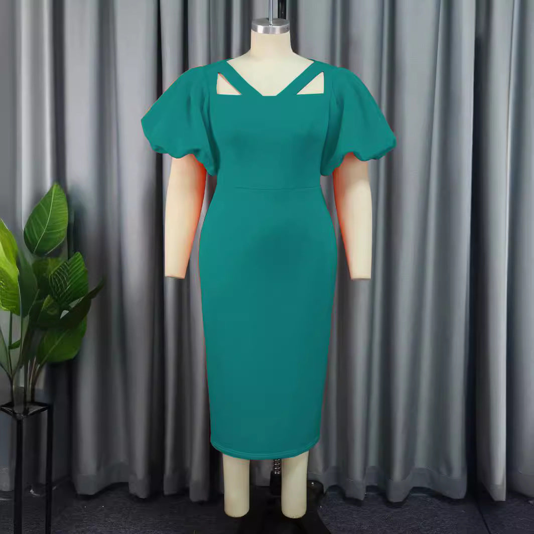 Damen Figurbetontes Kleid mit voluminösen Puffärmeln und innovativem Ausschnitt Drune