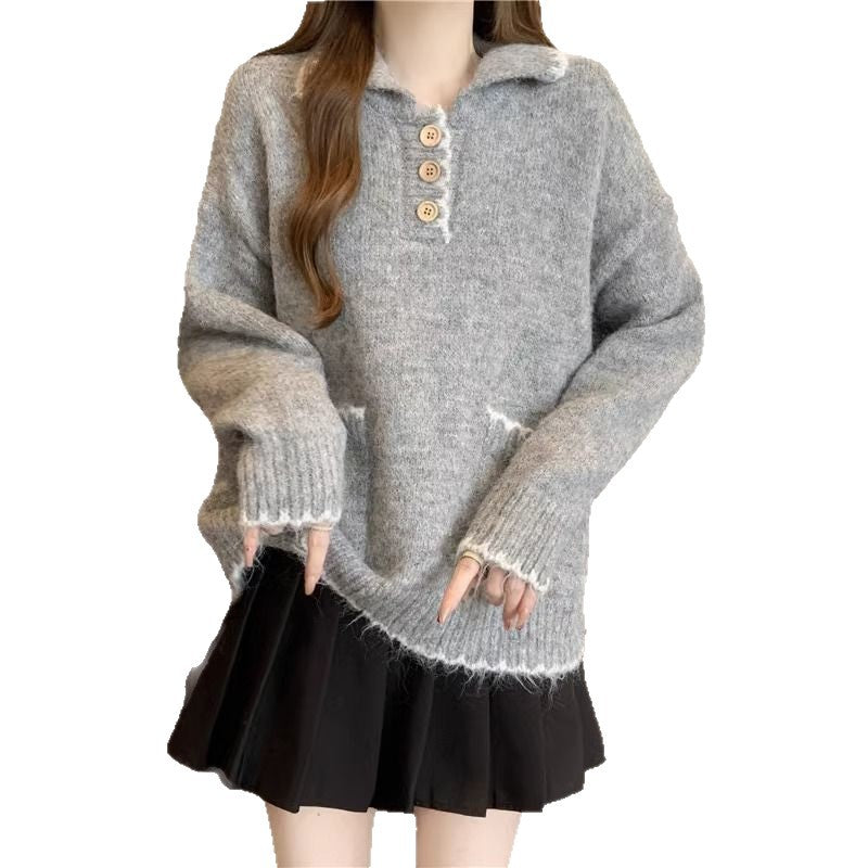 Damen Strickpullover mit Kragen und Knopfdetails Drune