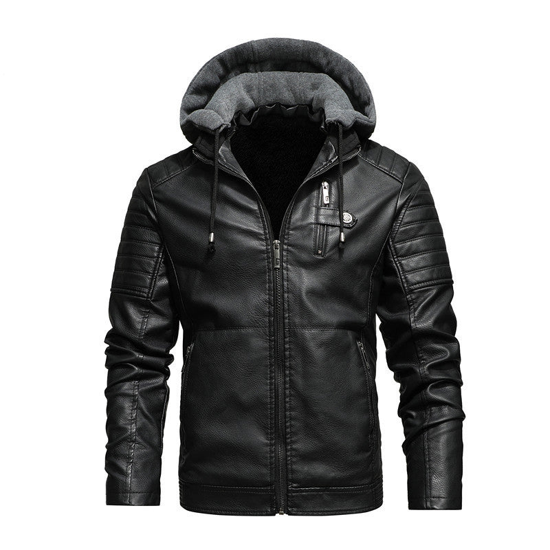 Herren Modische Lederjacke mit Kapuze Drune