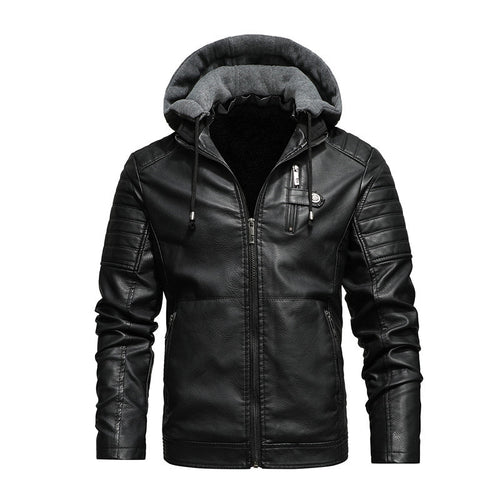 Herren Modische Lederjacke mit Kapuze Drune