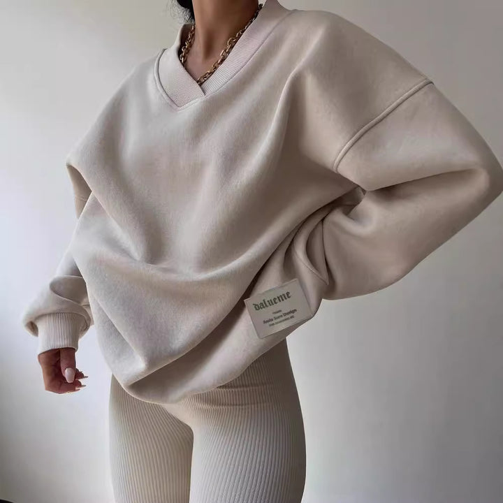 Damen Oversized Sweatshirt mit V-Ausschnitt und geripptem Kragen Drune