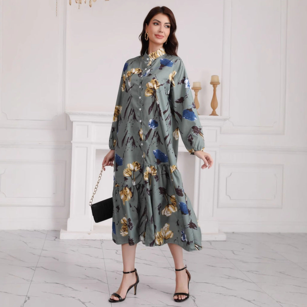 Damen Hemdblusenkleid mit Aquarell-Blumenprint, Stehkragen & Stufenrock Drune
