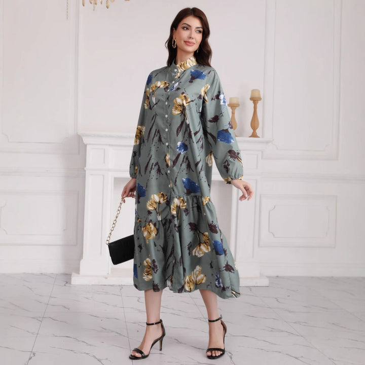Damen Hemdblusenkleid mit Aquarell-Blumenprint, Stehkragen & Stufenrock Drune