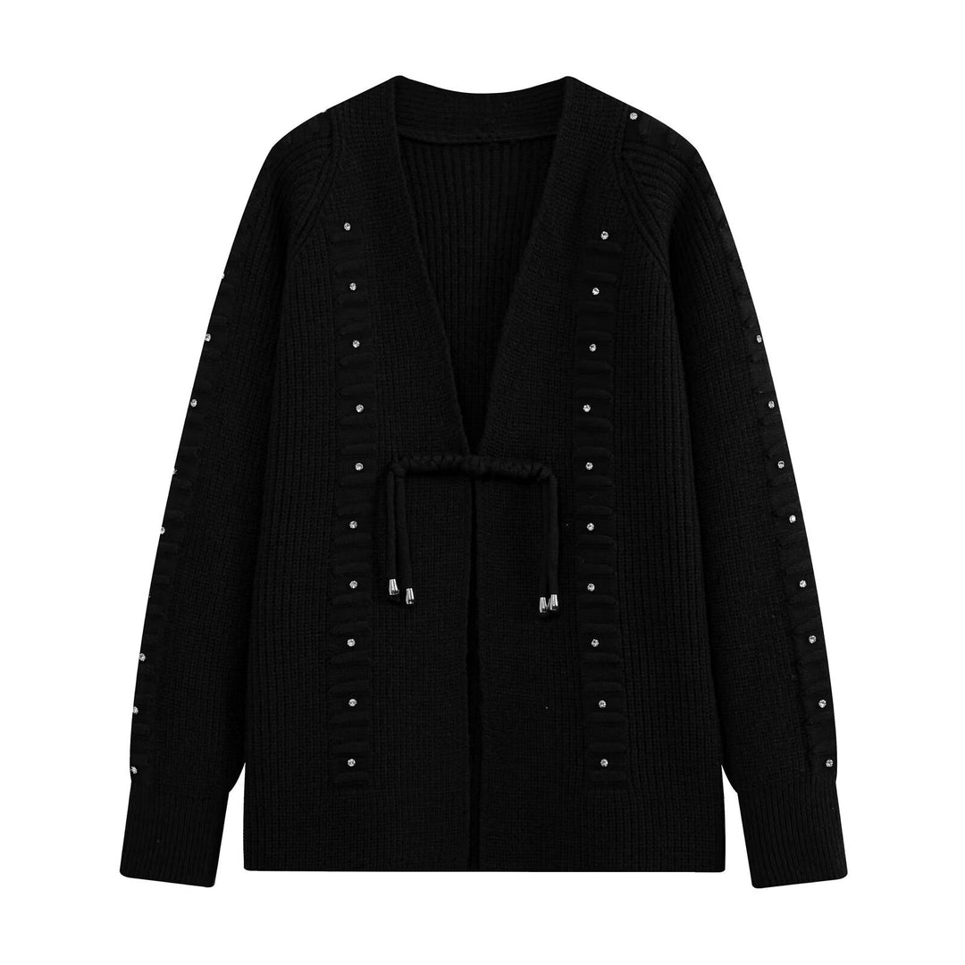 Damen Grobgestrickter Longcardigan mit Ziersteinen und Kordelbindung Drune
