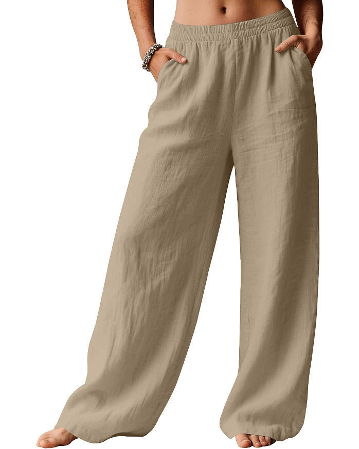 Damen Weite Leinenhose mit elastischem Bund und seitlichen Eingrifftaschen Drune