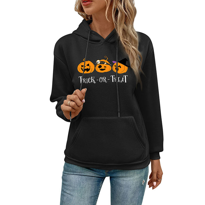 Damen Hoodie mit Halloween-Kürbisprint, Kapuze und Kängurutasche Drune