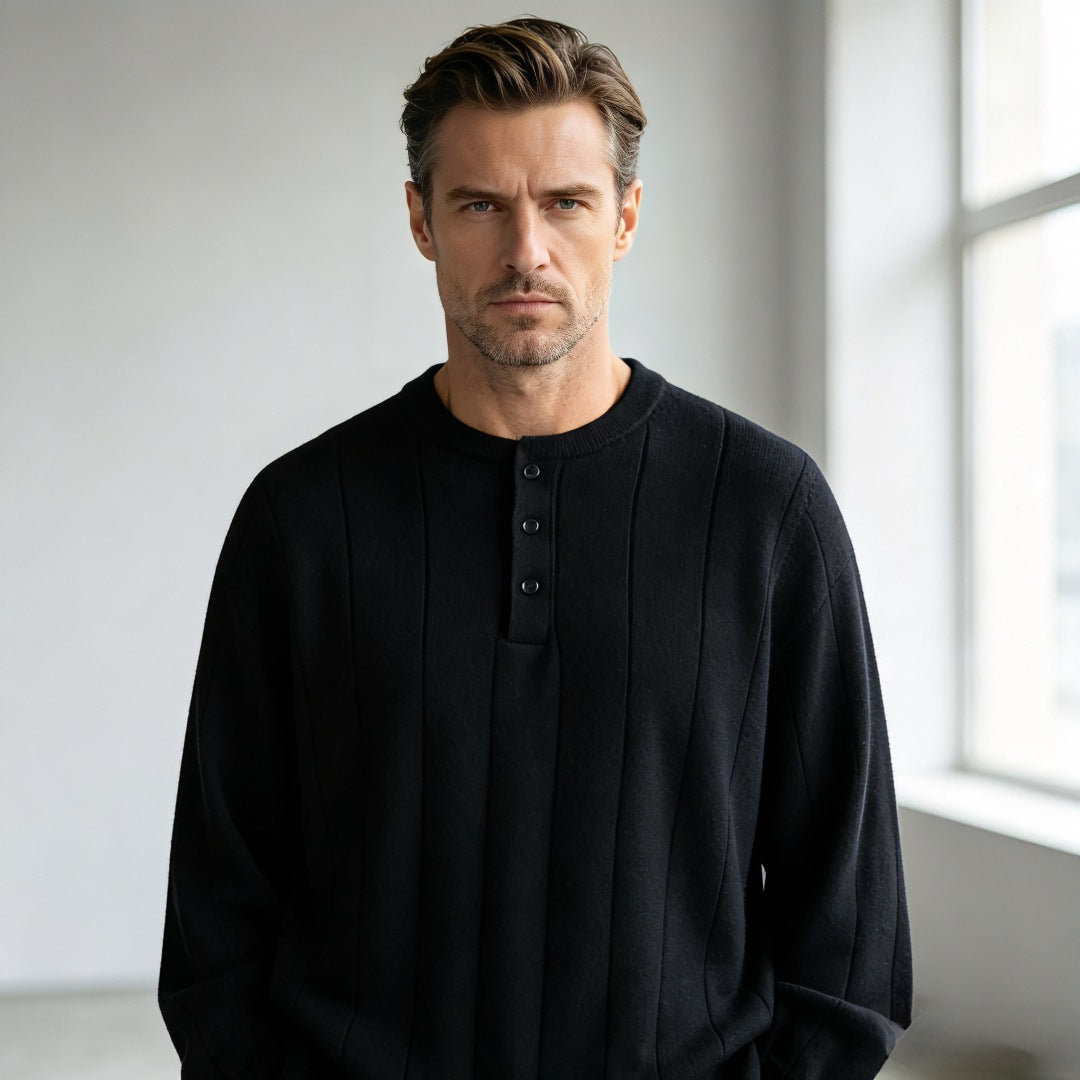 Unisex Oversized Strukturierter Henley-Strickpullover mit vertikaler Rippenstruktur und halber Knopfleiste Drune
