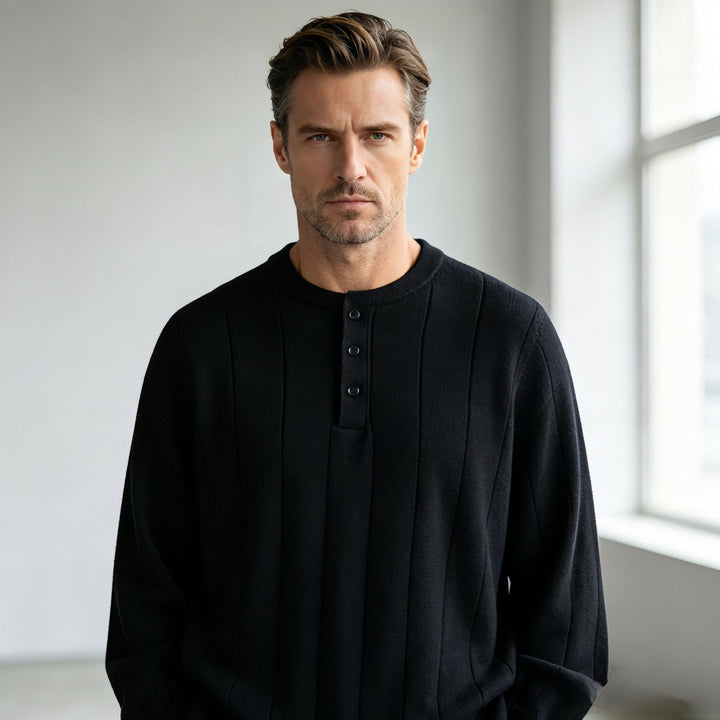 Unisex Oversized Strukturierter Henley-Strickpullover mit vertikaler Rippenstruktur und halber Knopfleiste Drune
