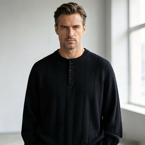Unisex Oversized Strukturierter Henley-Strickpullover mit vertikaler Rippenstruktur und halber Knopfleiste Drune