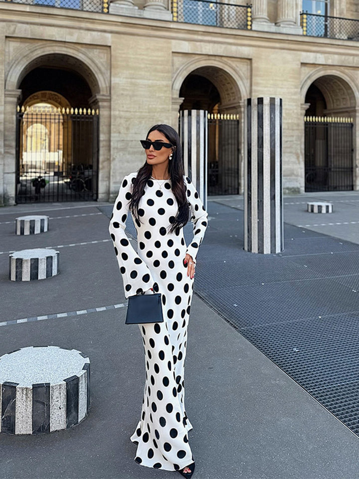 Damen Figurbetontes Polka-Dot Maxikleid mit Trompetenärmeln & Rundhalsausschnitt Drune