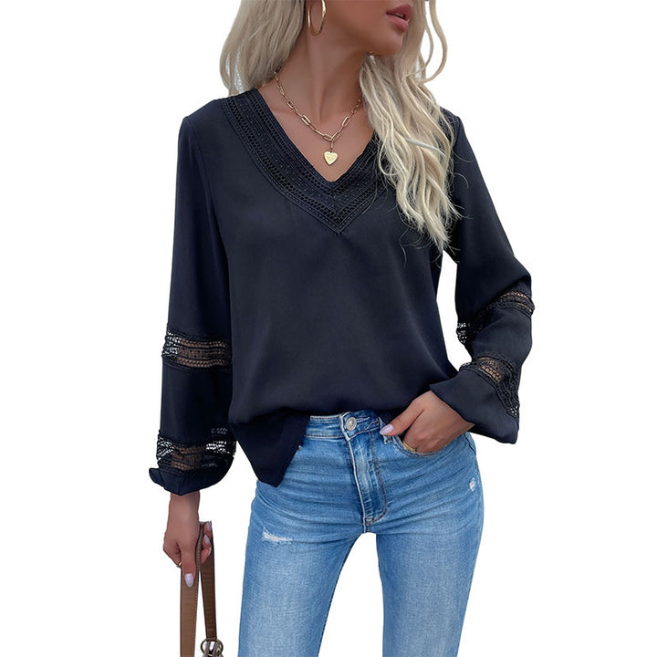 Damen Satinbluse mit V‑Ausschnitt, dekorativer Spitzenpasse und Ärmeln mit Spitzeneinsatz Drune