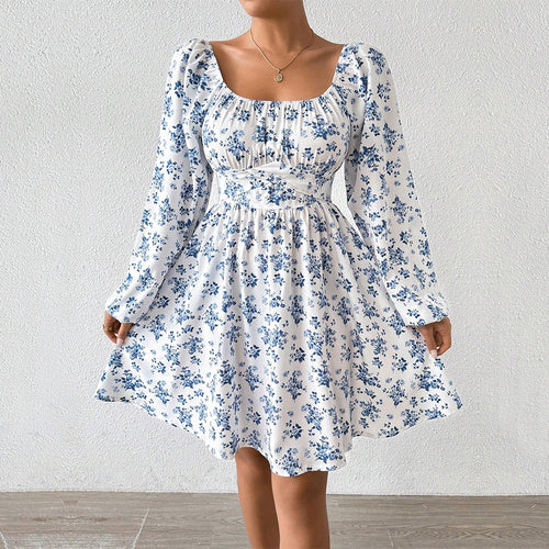 Damen luftiger Blumenkleid mit eleganter Raffung und langen Ärmeln Drune