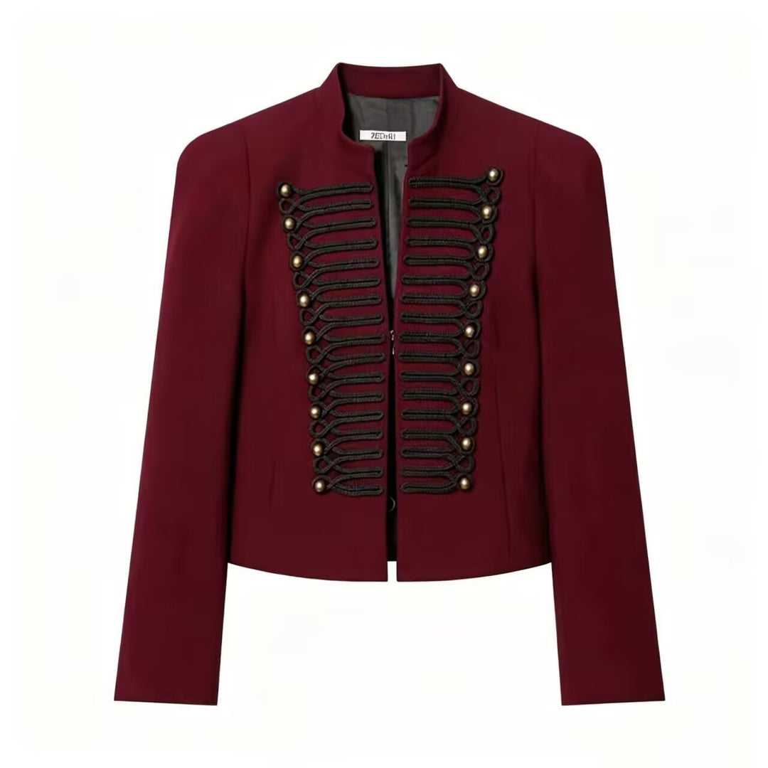 Damen Cropped Military-Blazer mit ornamentaler Kordelverzierung und Stehkragen Drune