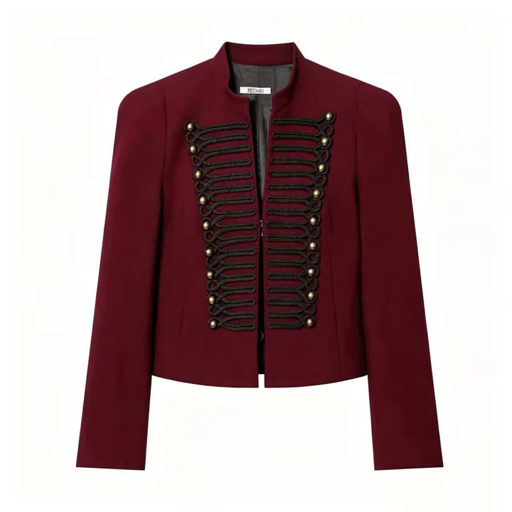 Damen Cropped Military-Blazer mit ornamentaler Kordelverzierung und Stehkragen Drune