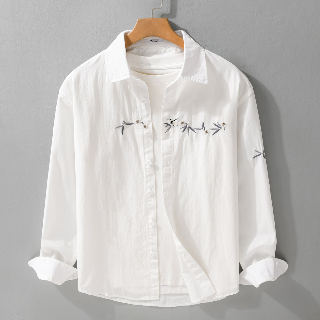 Damen Lockeres besticktes Baumwoll-Overshirt mit Kentkragen und Layering‑Detail Drune
