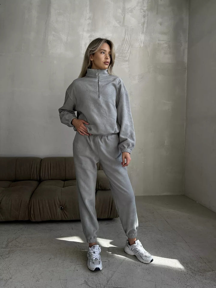 Damen lässiges Fleece-Jogginganzug Set mit Stehkragen und halbhohem Reißverschluss Drune