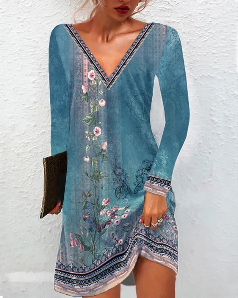 Frauen Floral V-Ausschnitt Tunika Kleid mit Border Print und langen Ärmeln Drune