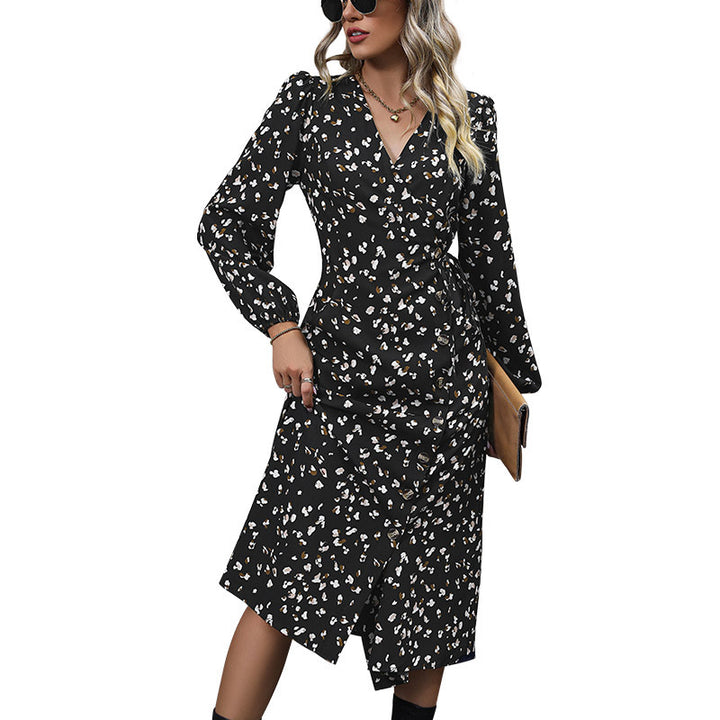 Damen Elegantes Blumenkleid mit V-Ausschnitt und langen Ärmeln Drune