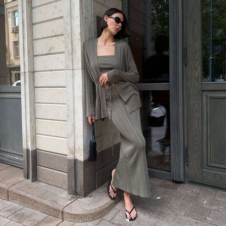 Damen Elegantes Strick-Ensemble mit Crop-Top und Maxirock Drune