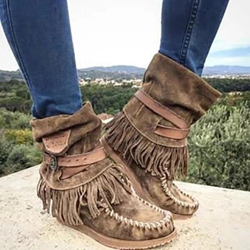 Damen Mokassin-Stiefel mit fransigen Details und modischer Schnalle Drune