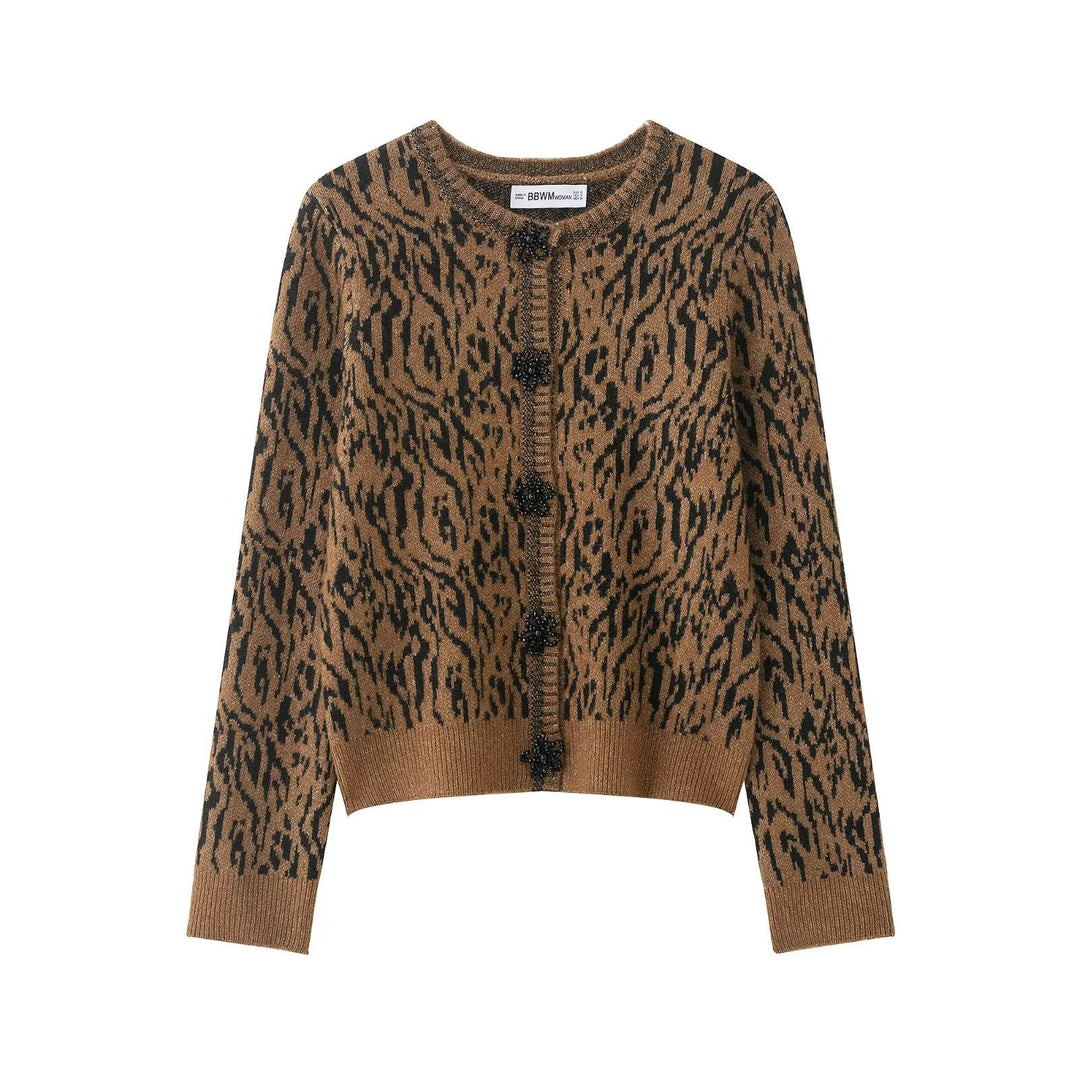 Damen nan kurzgeschnittene Jacquard-Strickjacke mit Zierperlenknöpfen Drune