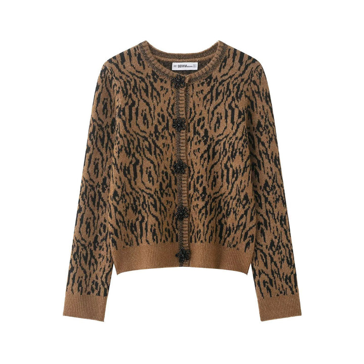 Damen nan kurzgeschnittene Jacquard-Strickjacke mit Zierperlenknöpfen Drune